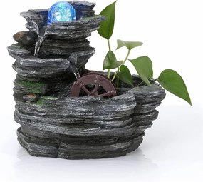Tabletop Water Fountain - Environmental Resin Meditation Desktop Waterwheel With Crystal Ball and Light for Home Office Decor Relaxation - Indoor Waterfall Feature 10X7X11in