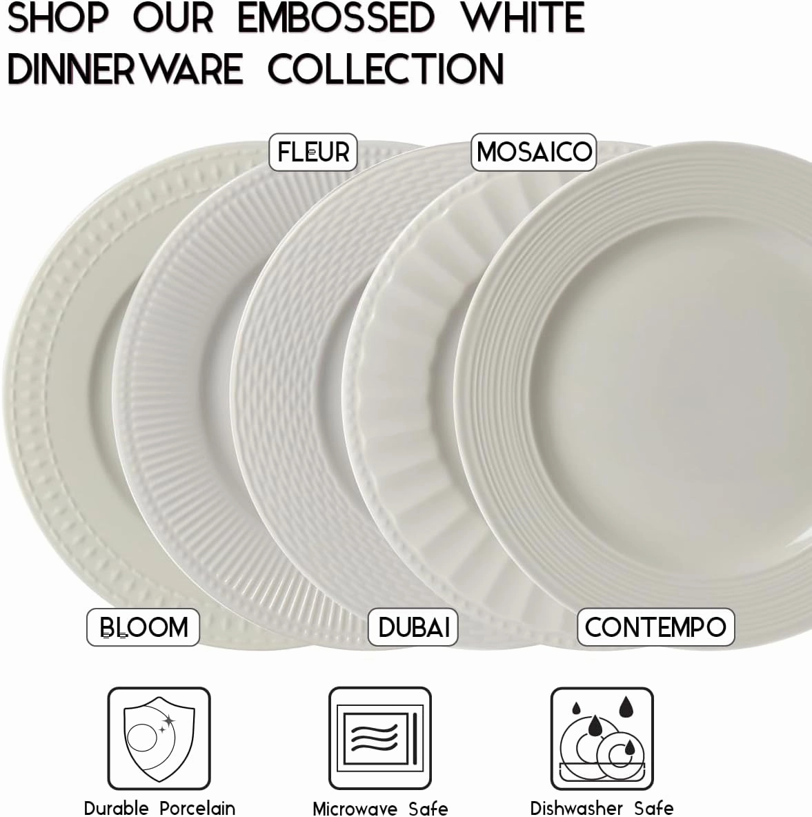 Tabletops Gallery Embossed White Porcelain Round Dinnerware - Bloom 12 Piece Dinnerware Set