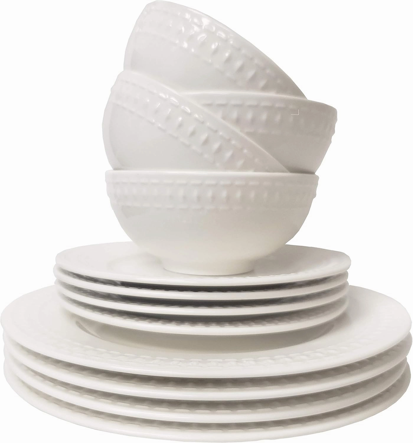 Tabletops Gallery Embossed White Porcelain Round Dinnerware - Bloom 12 Piece Dinnerware Set