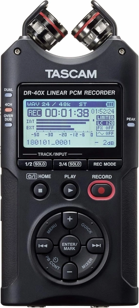 TASCAM DR-40X 4-Track Portable Handheld Field Recorder — 2 XLR/TRS Inputs, USB Audio Interface, Dual Adjustable Microphones for Stereo Recording of Music, Audio for Video and Podcasting