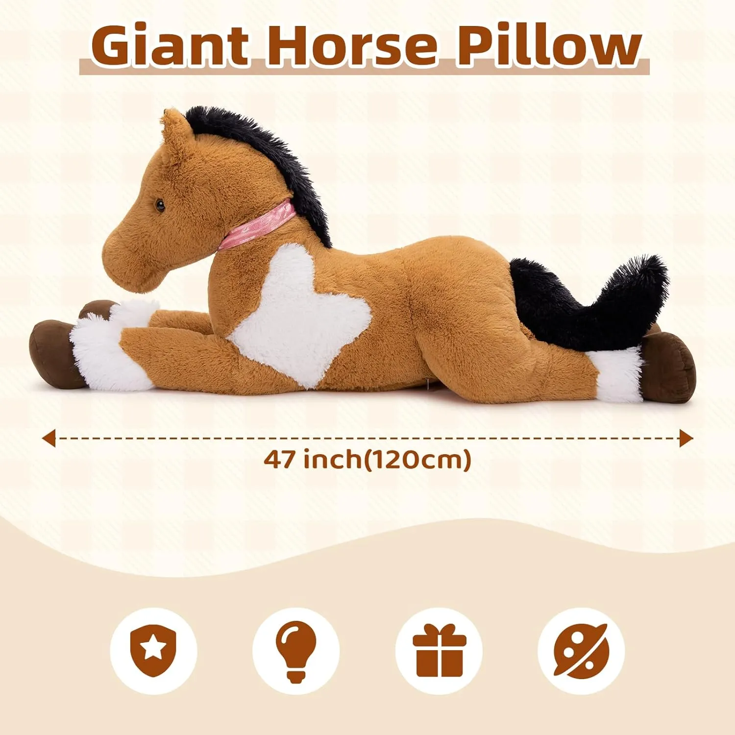 Tezituor 47inches Giant Horse Stuffed Animals, 4ft Soft Horse Plush Hugging Pillow, Large Stuffed Pony Plush Toys Birthday Gift for Boys Girls