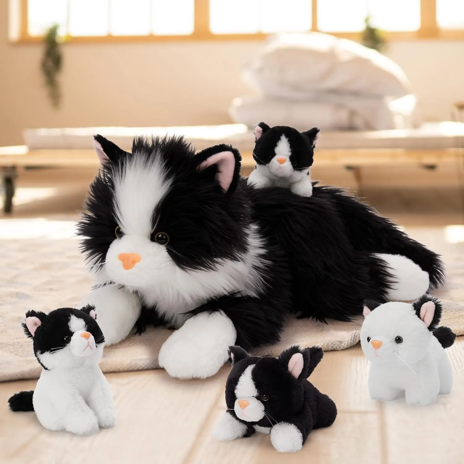 Tezituor 5Pcs Cat Stuffed Animals Set, 20 inch Large Realistic Stuffed Cat with 4 Cute Kittens Baby, Soft Black Ragdoll Plush Pillow for Boys Girls