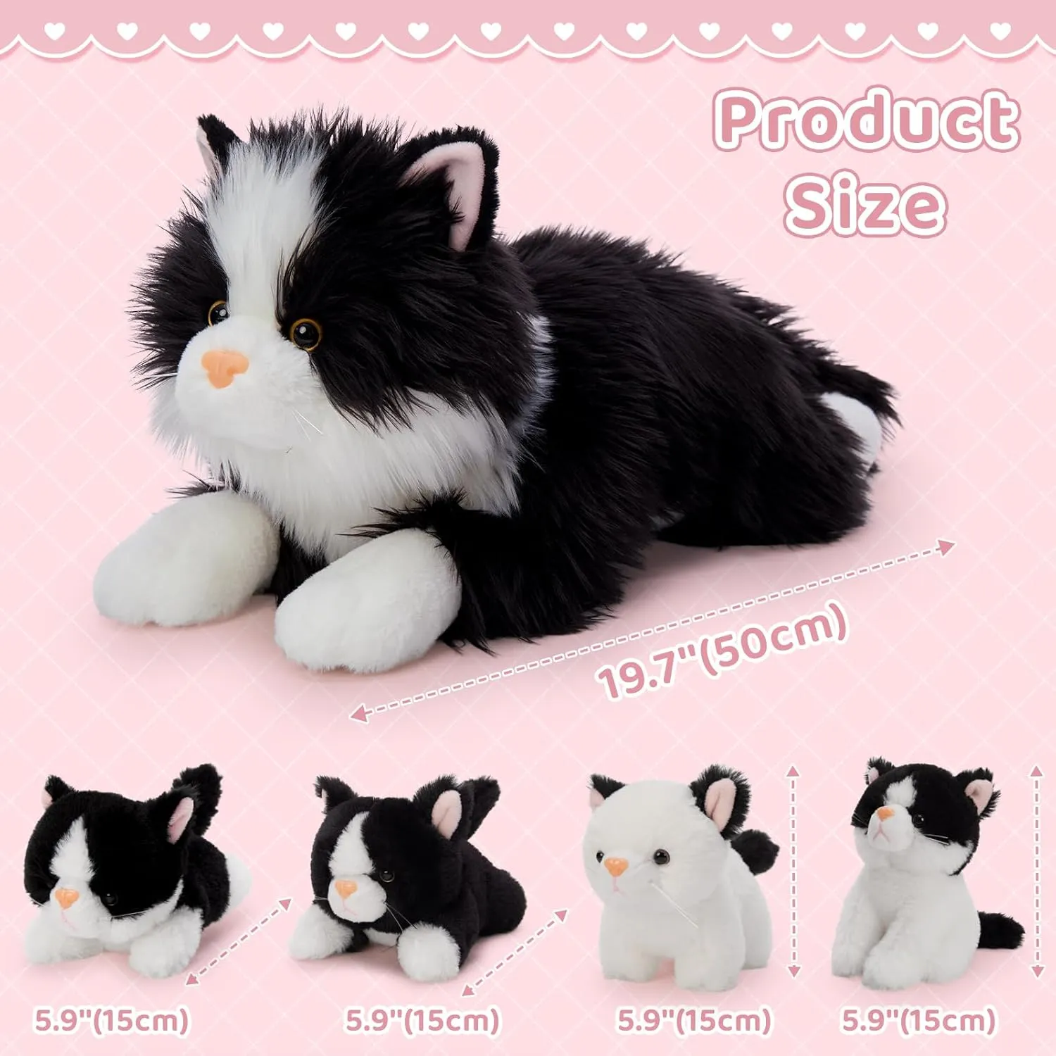Tezituor 5Pcs Cat Stuffed Animals Set, 20 inch Large Realistic Stuffed Cat with 4 Cute Kittens Baby, Soft Black Ragdoll Plush Pillow for Boys Girls