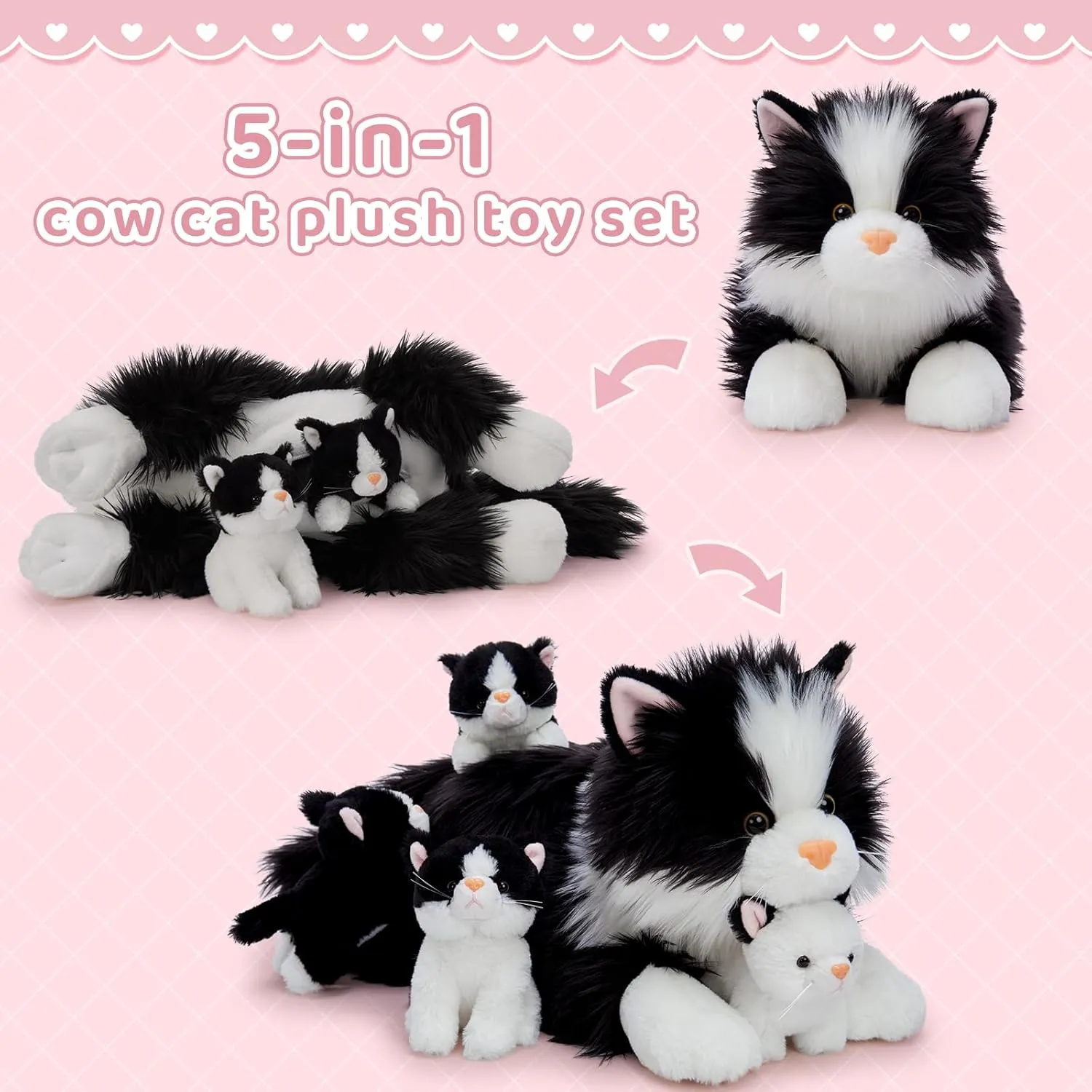 Tezituor 5Pcs Cat Stuffed Animals Set, 20 inch Large Realistic Stuffed Cat with 4 Cute Kittens Baby, Soft Black Ragdoll Plush Pillow for Boys Girls
