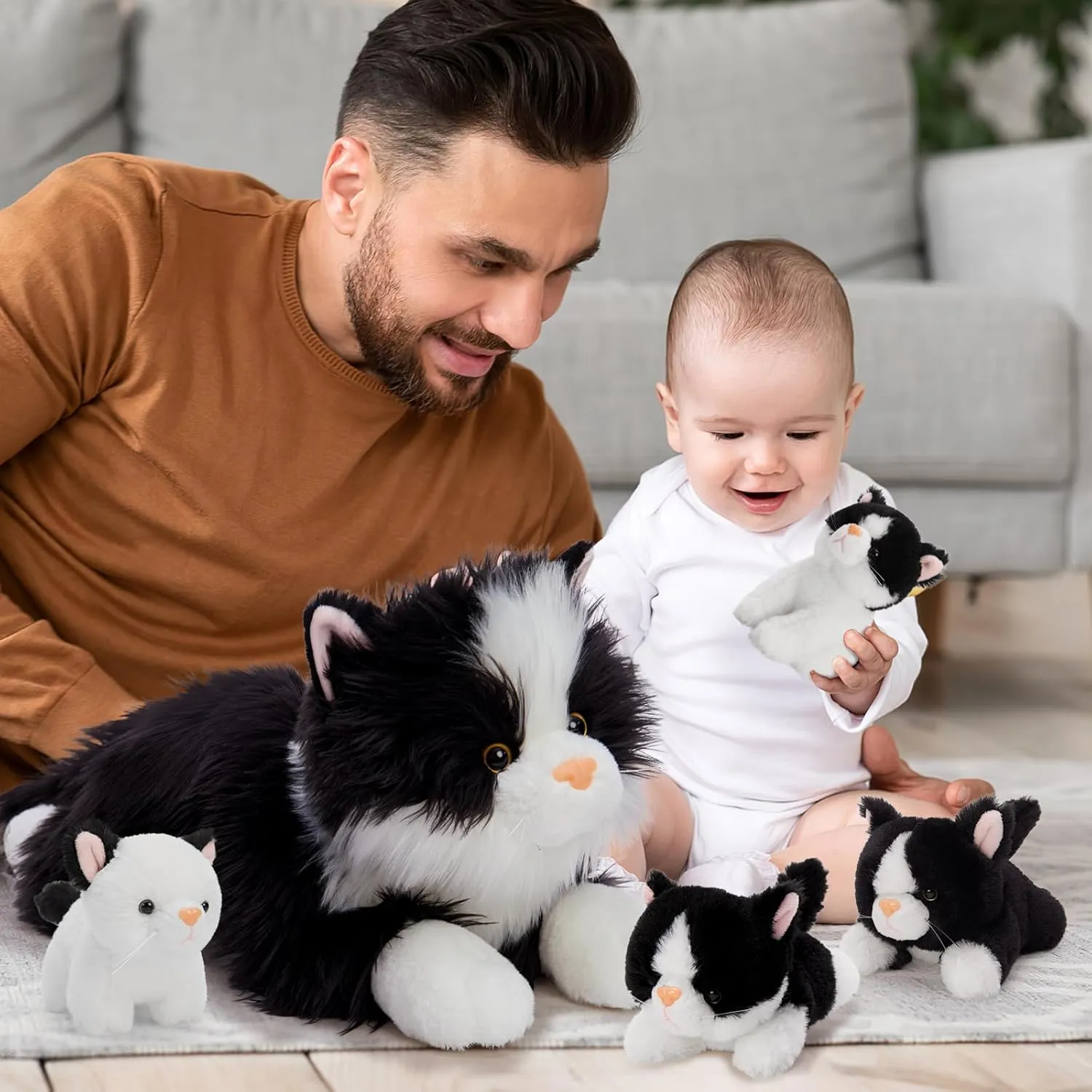 Tezituor 5Pcs Cat Stuffed Animals Set, 20 inch Large Realistic Stuffed Cat with 4 Cute Kittens Baby, Soft Black Ragdoll Plush Pillow for Boys Girls