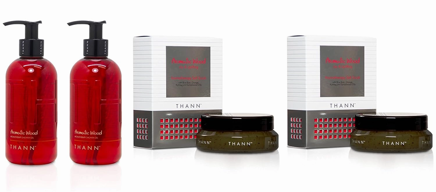 THANN Aromatic Wood Shower Gel and Aromatic Wood Aromatherapy Salt Scrub Set.