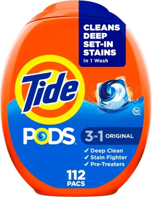 Tide PODS Laundry Detergent Pacs, 3-in-1 Stain Remover, Odor Fighter, Color Protector, 112 Count, HE compatible, Spring Meadow Scent
