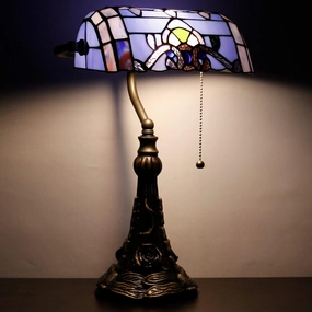 Tiffany Banker Lamp Small Stained Glass Table Lamp Tiffany Style Piano Light Blue Baroque Style Desk Lamp Angle Adjustable 10.6X15.7 Inch for Home Office Living Room Bedroom