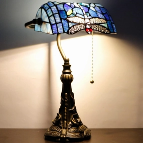 Tiffany Banker Lamp Small Stained Glass Table Lamp Tiffany Style Piano Light Blue Dragonfly Style Desk Lamp Angle Adjustable 10.6X15.7Inch for Home Office Living Room Bedroom