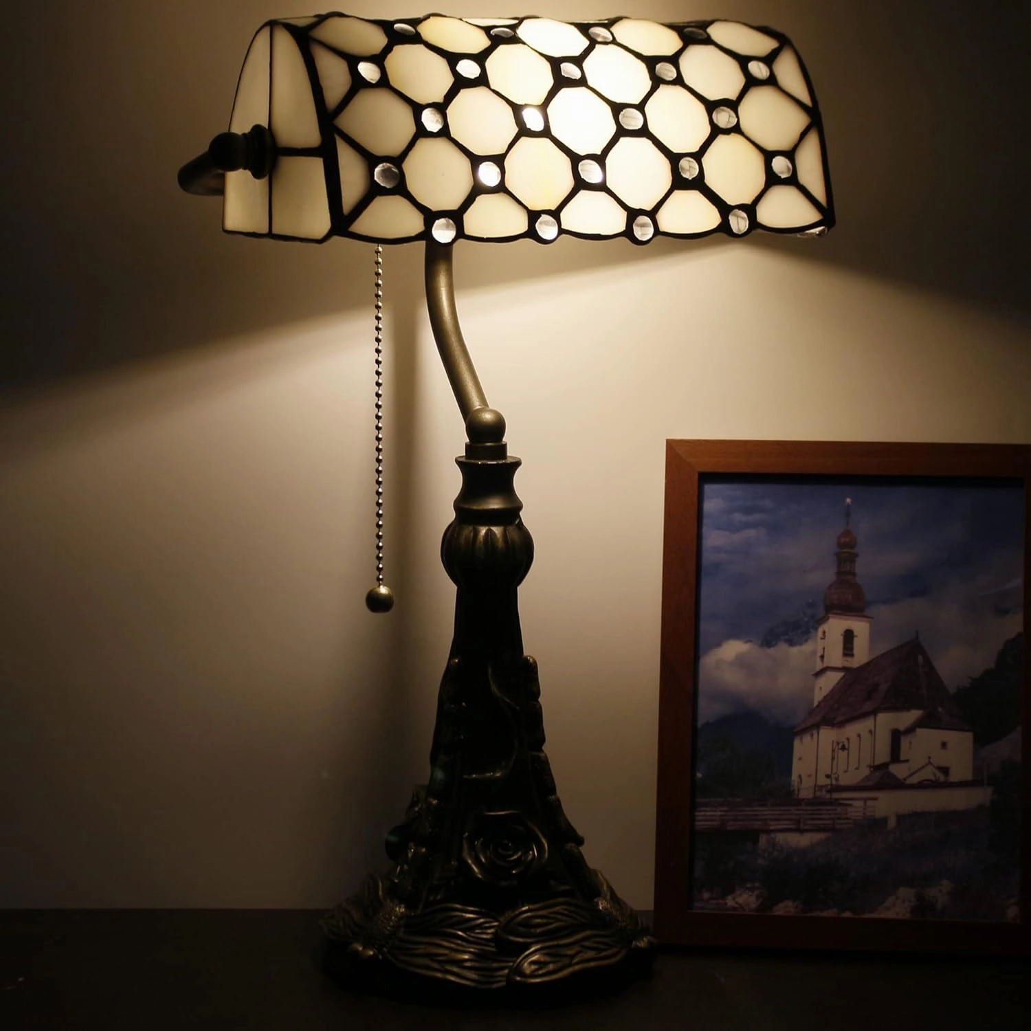 Tiffany Banker Lamp Small Stained Glass Table Lamp Tiffany Style Piano Light White Crystal Pearl Bead Style Desk Lamp Angle Adjustable 10.6X15.7 Inch for Home Office Living Room Bedroom