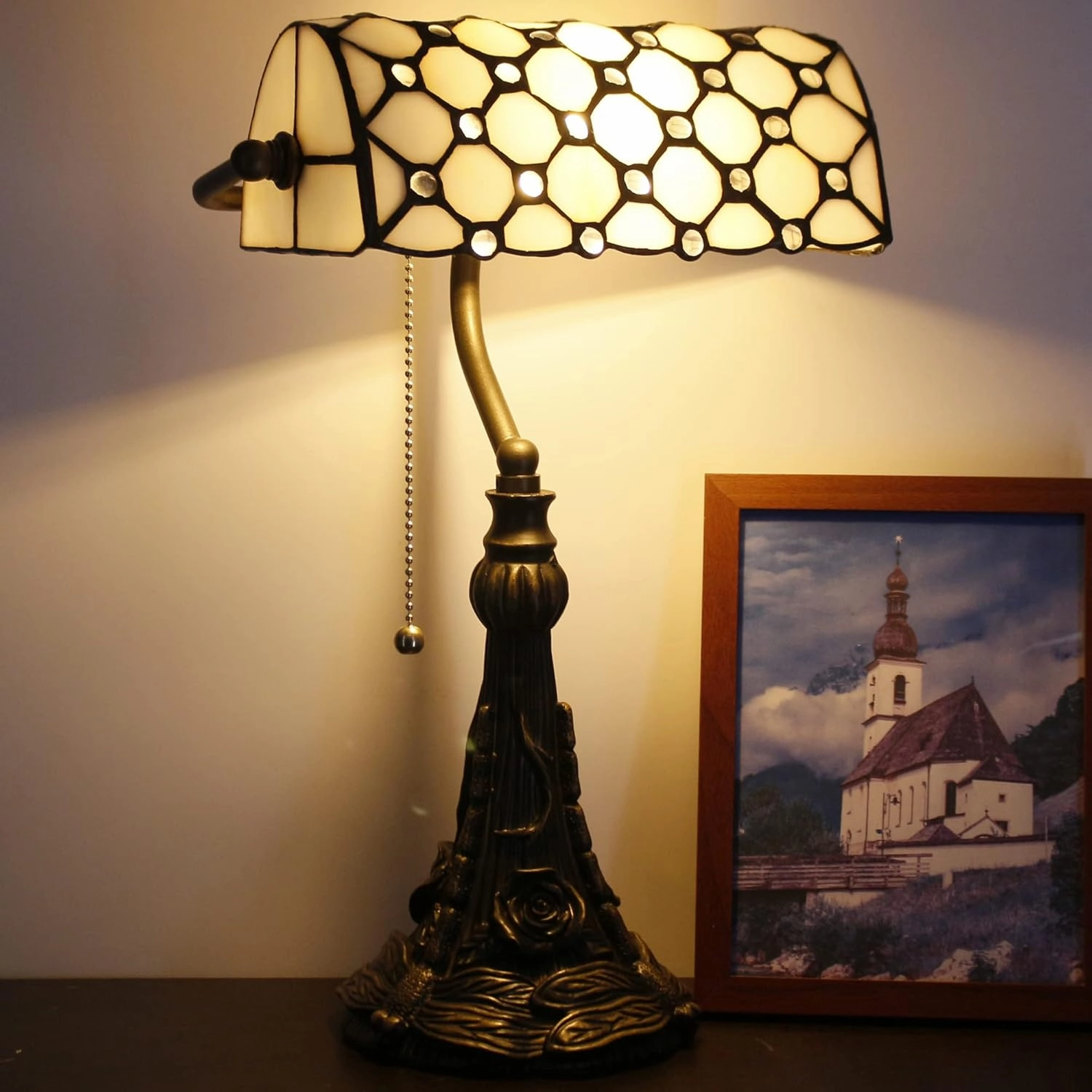 Tiffany Banker Lamp Small Stained Glass Table Lamp Tiffany Style Piano Light White Crystal Pearl Bead Style Desk Lamp Angle Adjustable 10.6X15.7 Inch for Home Office Living Room Bedroom