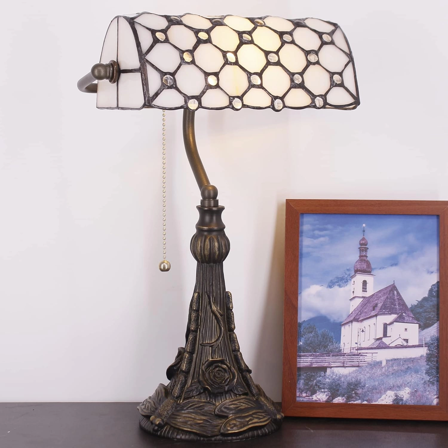 Tiffany Banker Lamp Small Stained Glass Table Lamp Tiffany Style Piano Light White Crystal Pearl Bead Style Desk Lamp Angle Adjustable 10.6X15.7 Inch for Home Office Living Room Bedroom