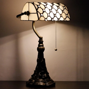 Tiffany Banker Lamp Small Stained Glass Table Lamp Tiffany Style Piano Light White Crystal Pearl Bead Style Desk Lamp Angle Adjustable 10.6X15.7 Inch for Home Office Living Room Bedroom
