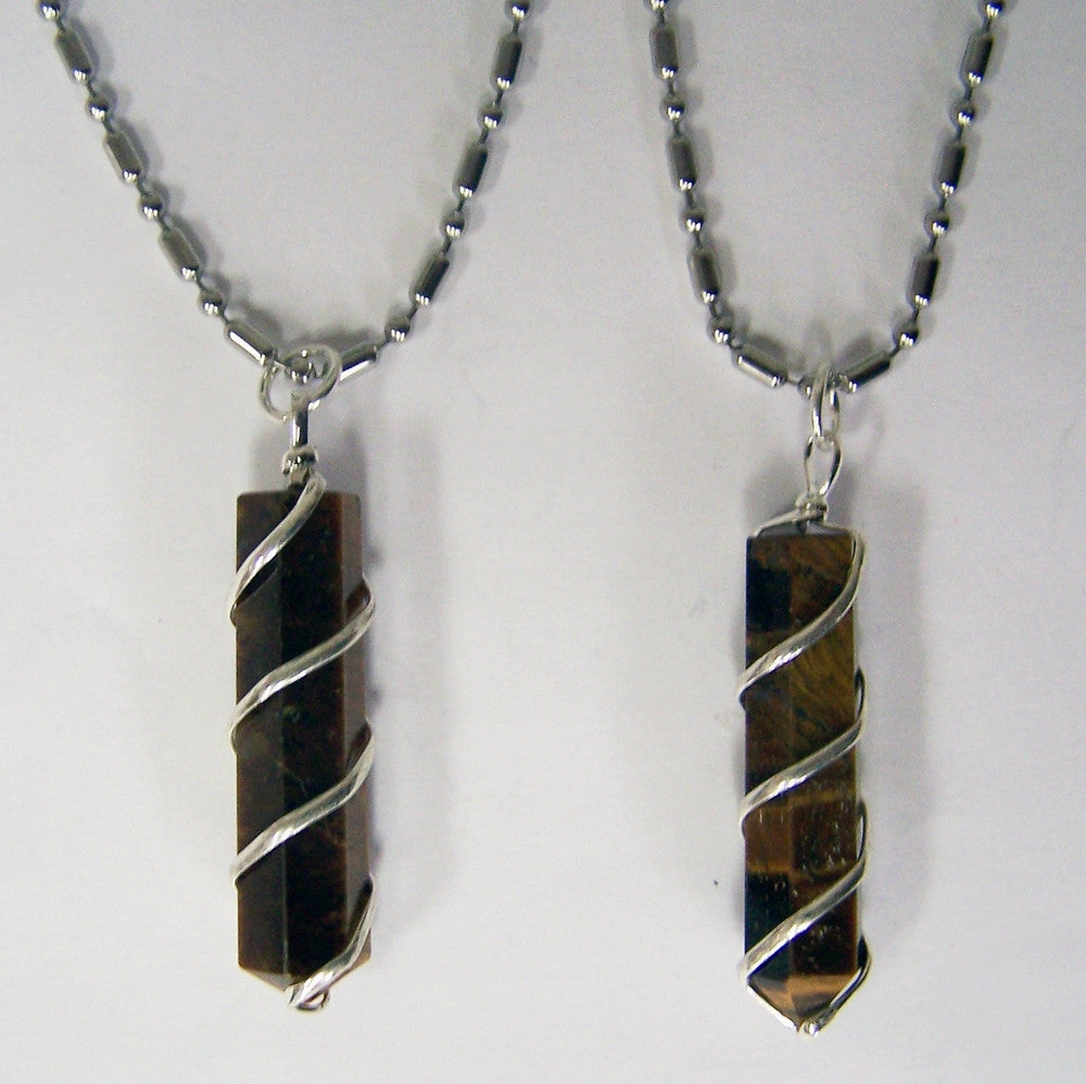 TIGER EYE COIL WRAPPED STONE STAINLESS STEEL BALL CHIAN NECKLACE (sold by the piece or dozen )