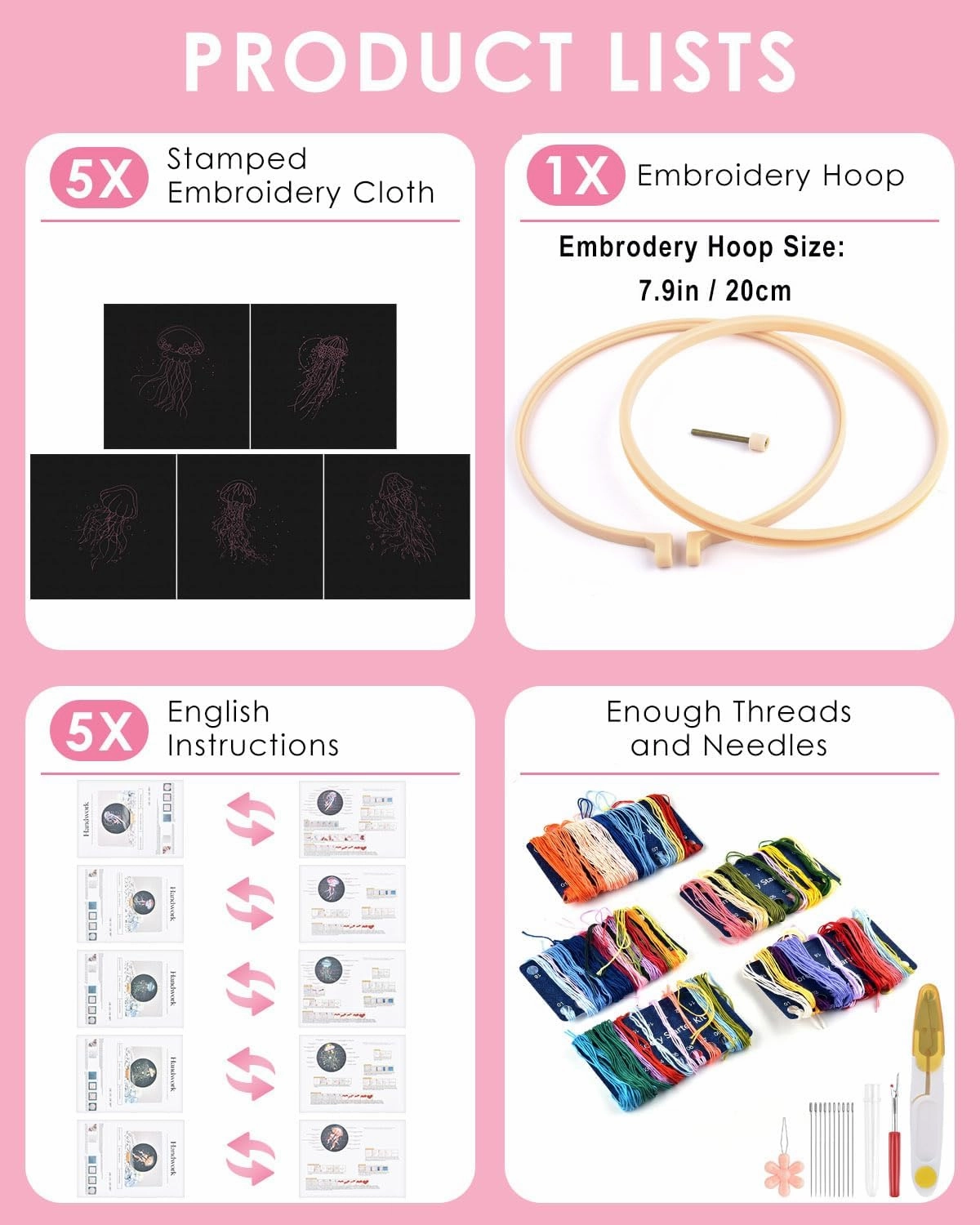 TINDTOP Embroidery Kit for Adults, 5 Sets Jellyfish Embroidery Kit for Beginners Include Embroidery Cloth Hoops Threads for Craft Lover Hand Stitch with Embroidery Skill Techniques