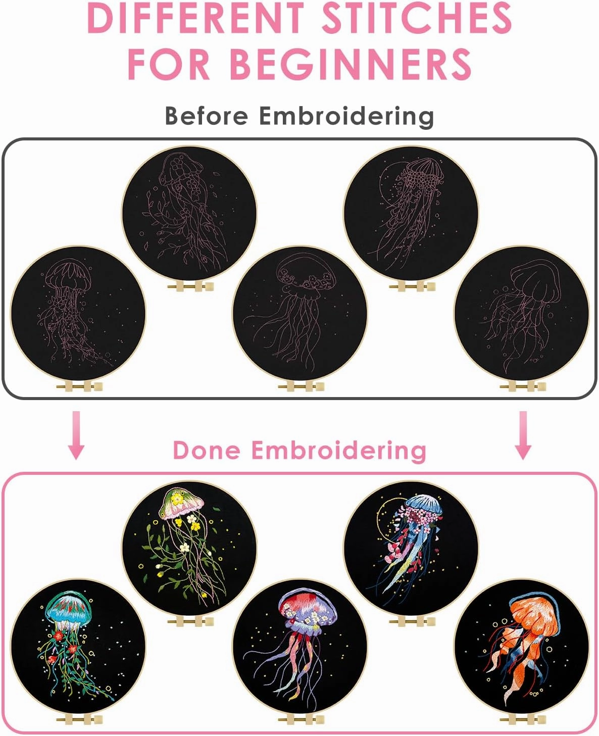 TINDTOP Embroidery Kit for Adults, 5 Sets Jellyfish Embroidery Kit for Beginners Include Embroidery Cloth Hoops Threads for Craft Lover Hand Stitch with Embroidery Skill Techniques