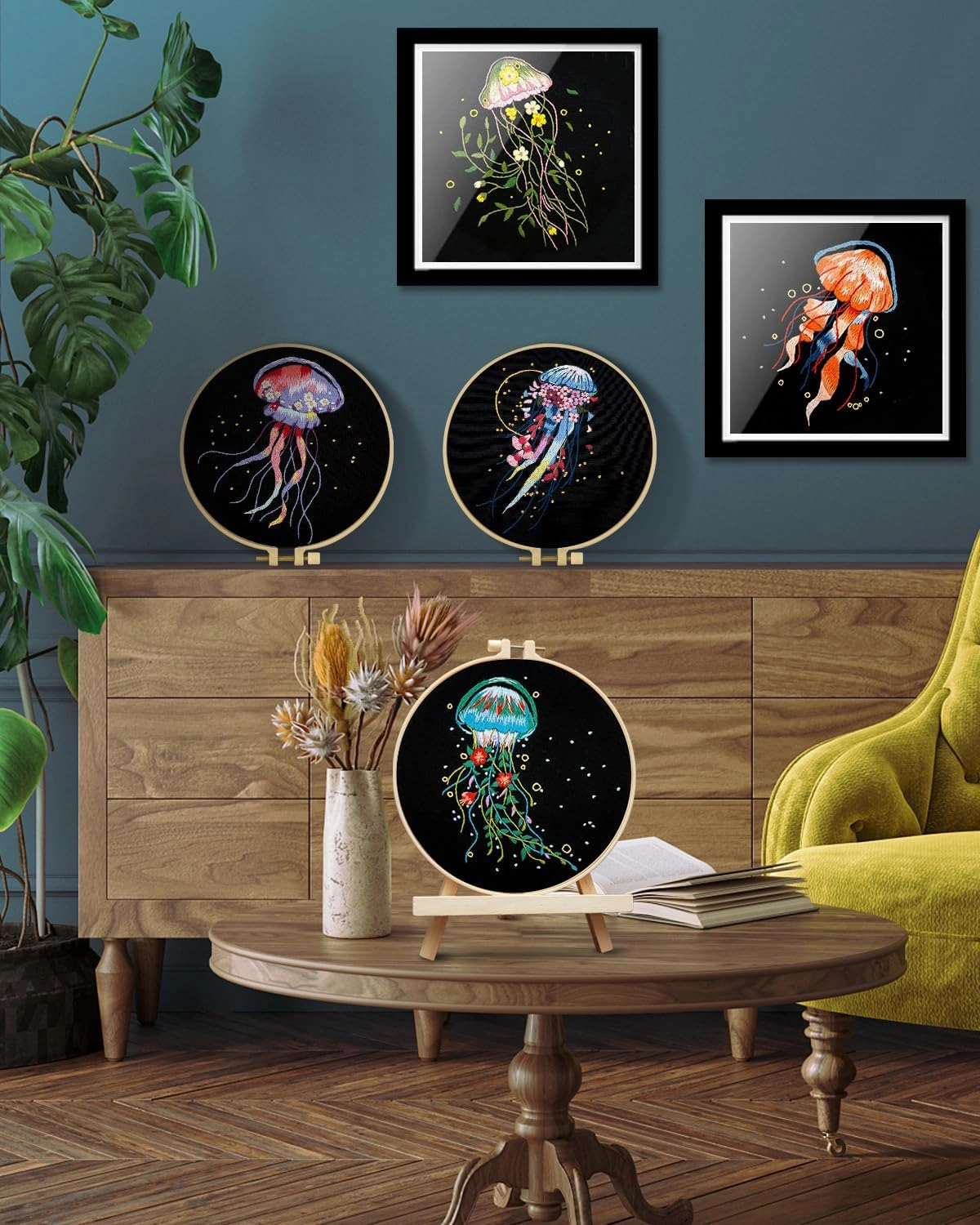 TINDTOP Embroidery Kit for Adults, 5 Sets Jellyfish Embroidery Kit for Beginners Include Embroidery Cloth Hoops Threads for Craft Lover Hand Stitch with Embroidery Skill Techniques