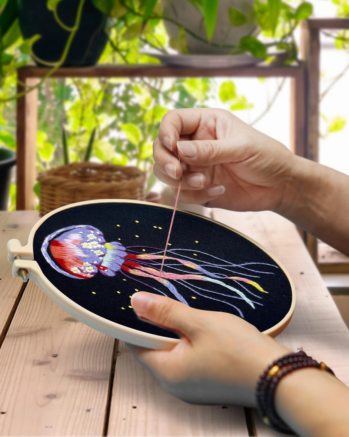 TINDTOP Embroidery Kit for Adults, 5 Sets Jellyfish Embroidery Kit for Beginners Include Embroidery Cloth Hoops Threads for Craft Lover Hand Stitch with Embroidery Skill Techniques