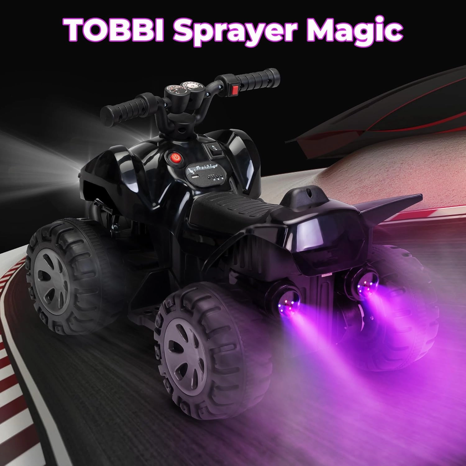 TOBBI 6V Ride On Toy for Toddler, 25W 4 Power Wheels with Cool Spraying System, 4-Wheeler Quad ATV Play Car Electric Vehicles with LED Lights, Music Player for Toddlers Kids Children Aged 1-3