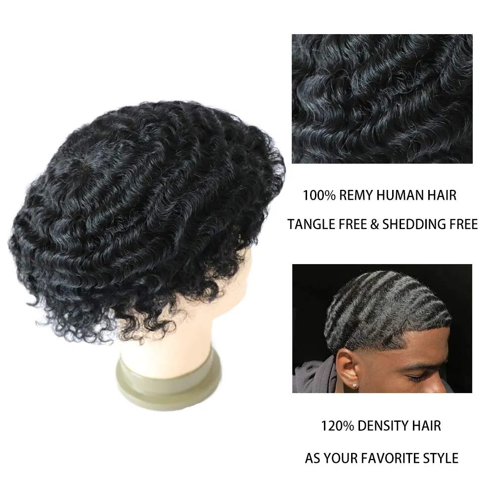 Toupee Afro Mens Wig Weave Hair Unit 12mm Wave Hairpiece Franch Lace Man Replacement Systems 1# Jet Black Hair Piece for African Mens Afro Curly Toupee 8x10inch