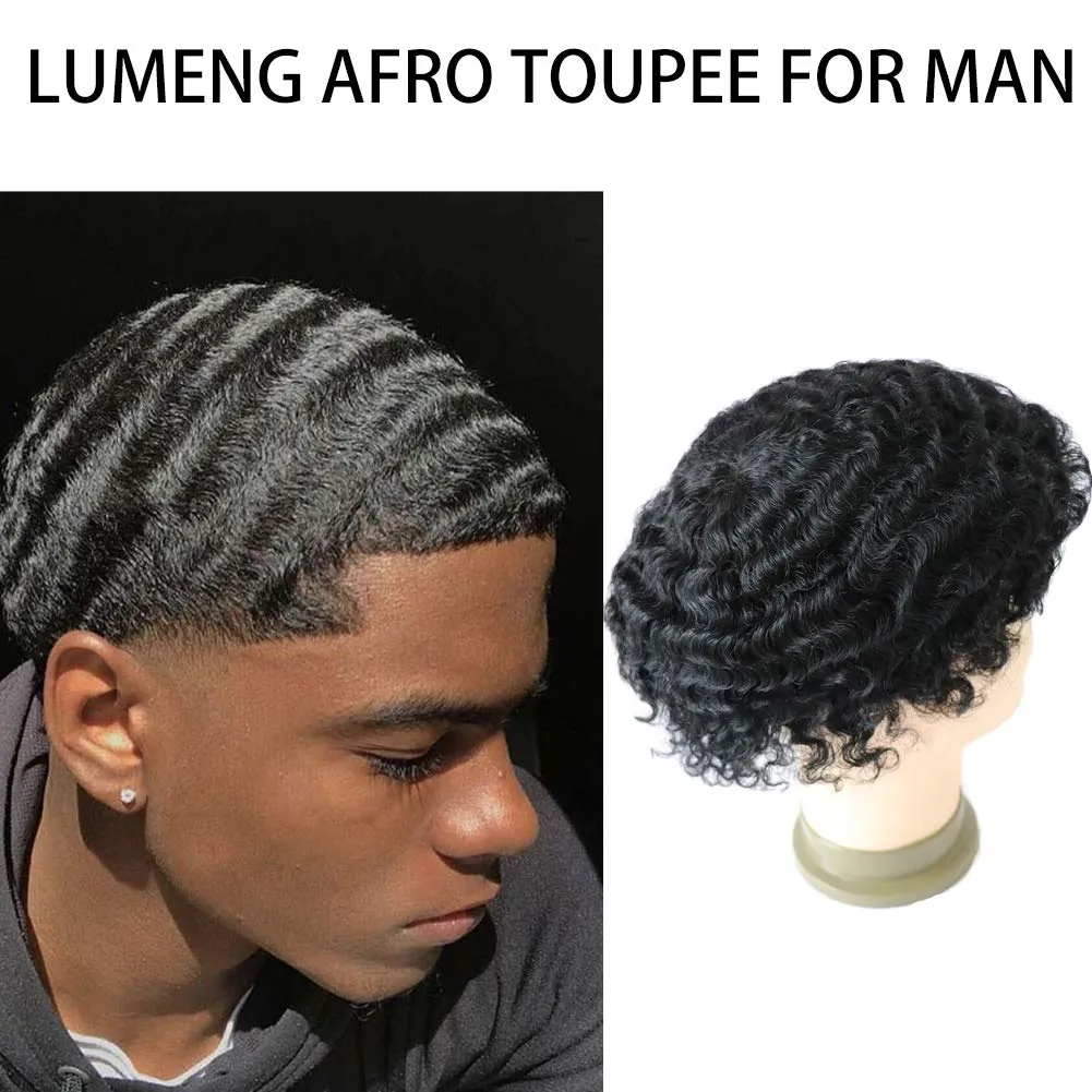 Toupee Afro Mens Wig Weave Hair Unit 12mm Wave Hairpiece Franch Lace Man Replacement Systems 1# Jet Black Hair Piece for African Mens Afro Curly Toupee 8x10inch