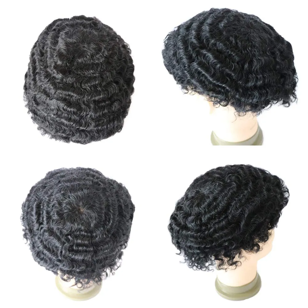Toupee Afro Mens Wig Weave Hair Unit 12mm Wave Hairpiece Franch Lace Man Replacement Systems 1# Jet Black Hair Piece for African Mens Afro Curly Toupee 8x10inch