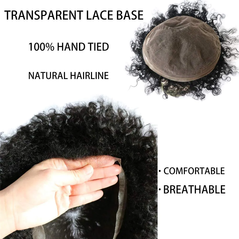 Toupee Afro Mens Wig Weave Hair Unit 12mm Wave Hairpiece Franch Lace Man Replacement Systems 1# Jet Black Hair Piece for African Mens Afro Curly Toupee 8x10inch