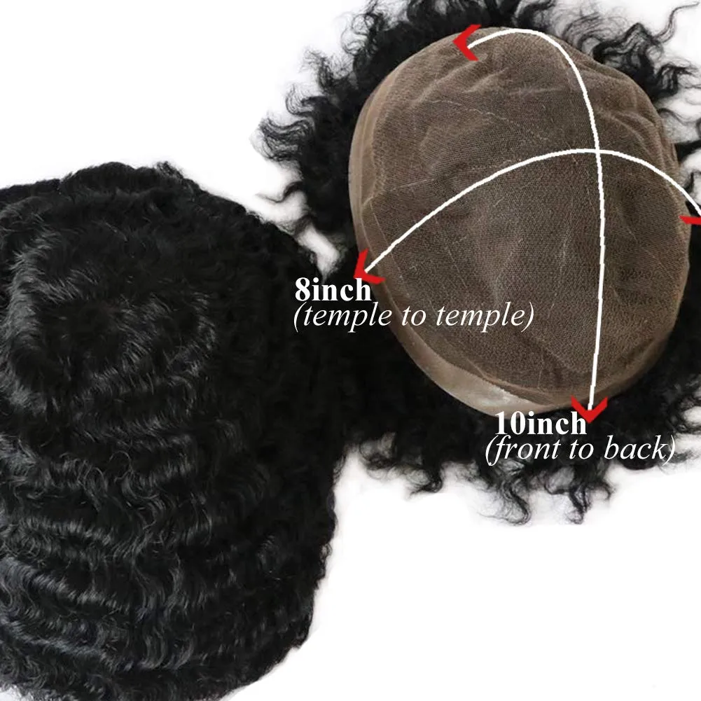 Toupee Afro Mens Wig Weave Hair Unit 12mm Wave Hairpiece Franch Lace Man Replacement Systems 1# Jet Black Hair Piece for African Mens Afro Curly Toupee 8x10inch