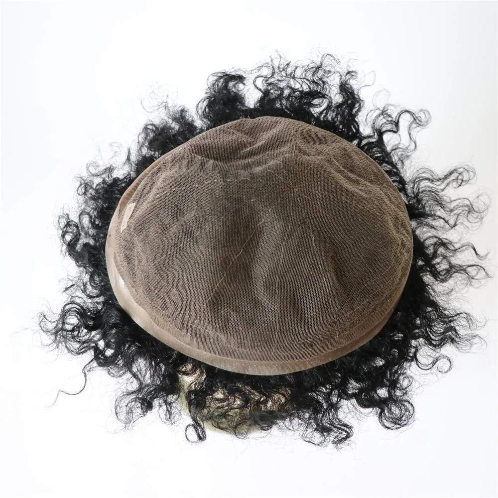 Toupee Afro Mens Wig Weave Hair Unit 12mm Wave Hairpiece Franch Lace Man Replacement Systems 1# Jet Black Hair Piece for African Mens Afro Curly Toupee 8x10inch