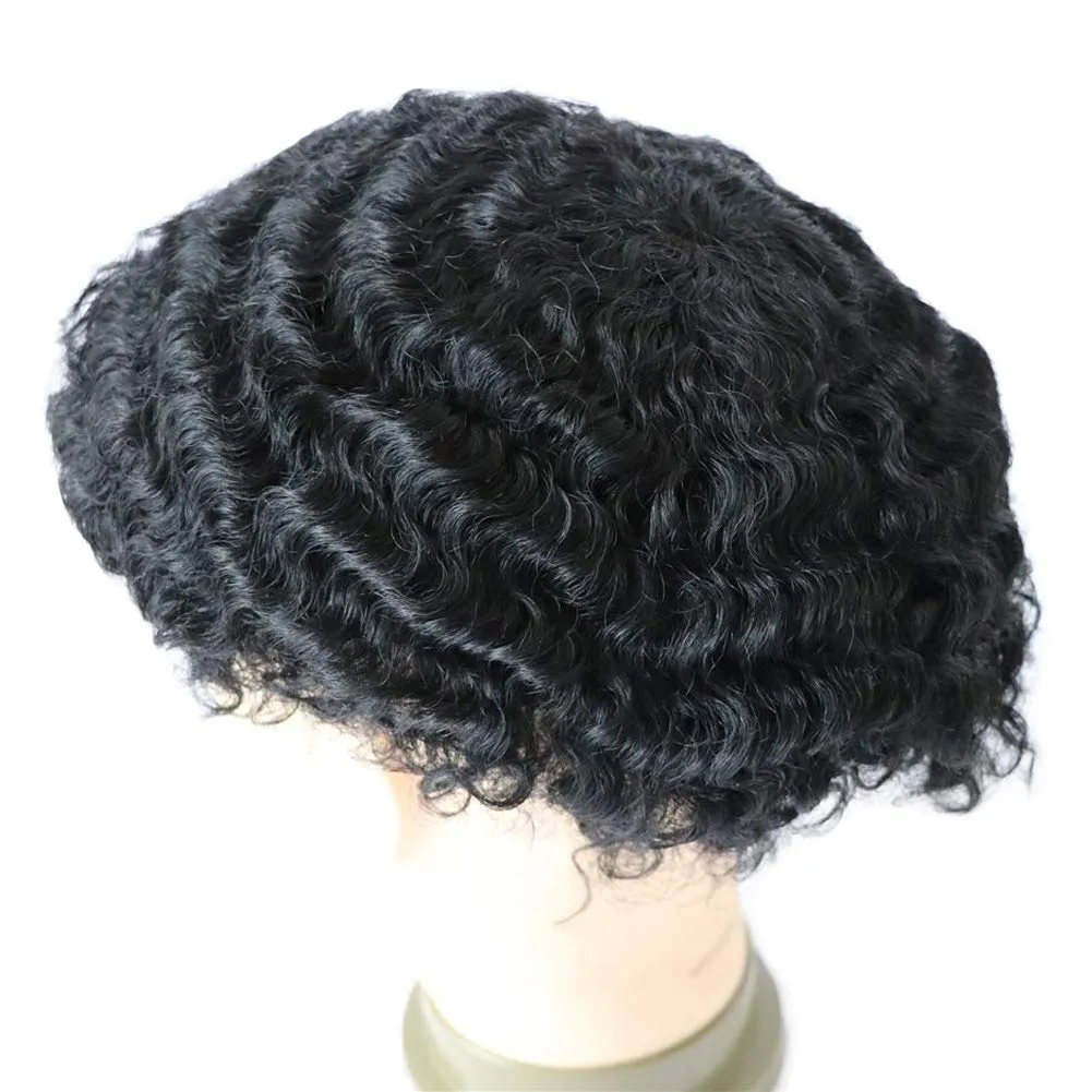 Toupee Afro Mens Wig Weave Hair Unit 12mm Wave Hairpiece Franch Lace Man Replacement Systems 1# Jet Black Hair Piece for African Mens Afro Curly Toupee 8x10inch