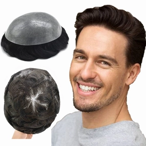 Toupee For Men Human Hair Replacement System PU Thin Skin V-looped Hair Piece Nature Hair System For Mens Toupee 6X8#1B20#1B Off Black 20% Grey 120% Density