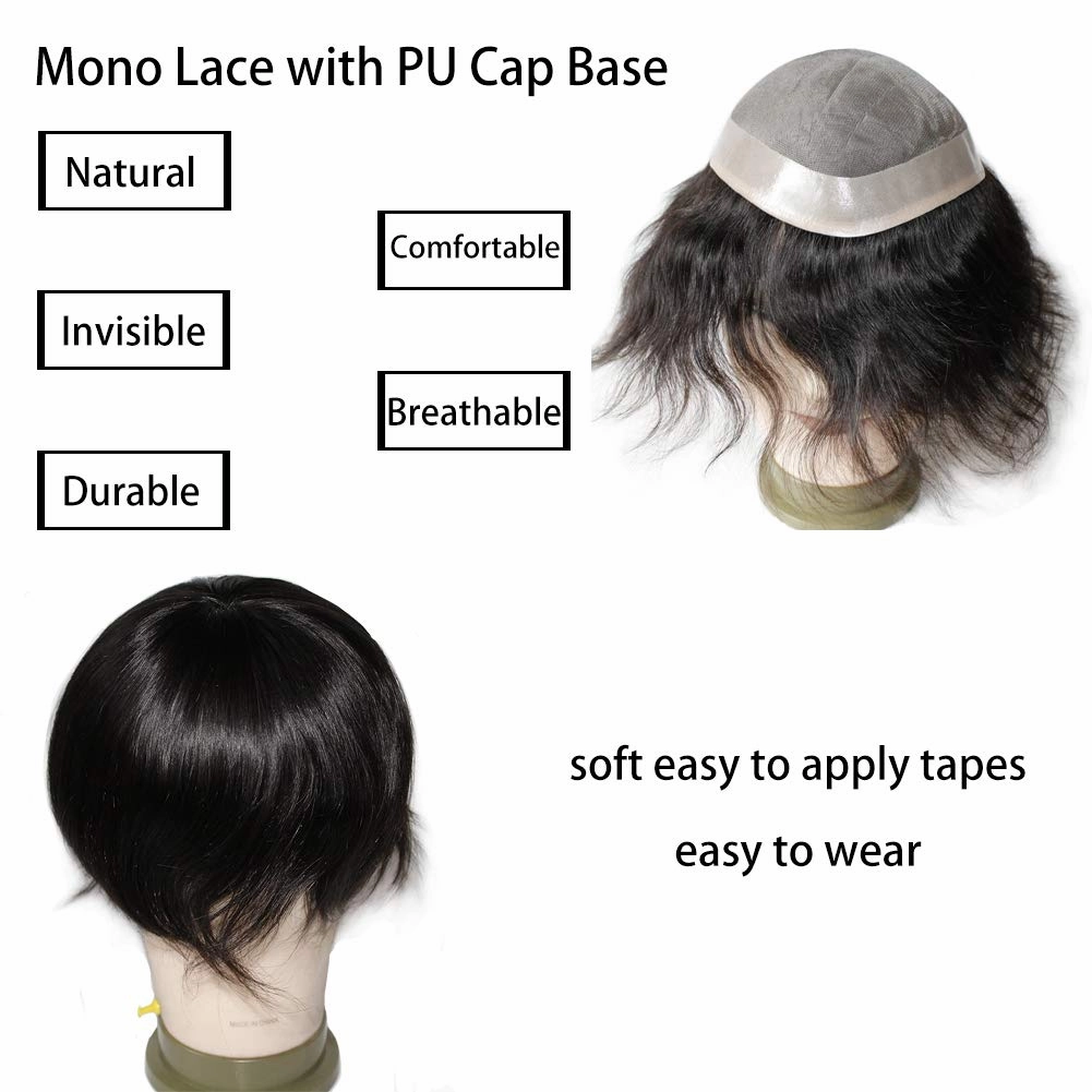 Toupee for Men Wigs Hair piece Male Hair Unit Bolding Man Replacement 100% Human Hair Mono Lace With Npu Around Lace Systems 6x8 Inch 6 Inch Length Color 1B Off Black