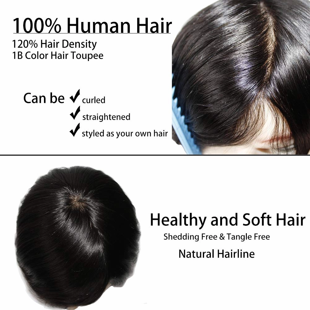 Toupee for Men Wigs Hair piece Male Hair Unit Bolding Man Replacement 100% Human Hair Mono Lace With Npu Around Lace Systems 6x8 Inch 6 Inch Length Color 1B Off Black