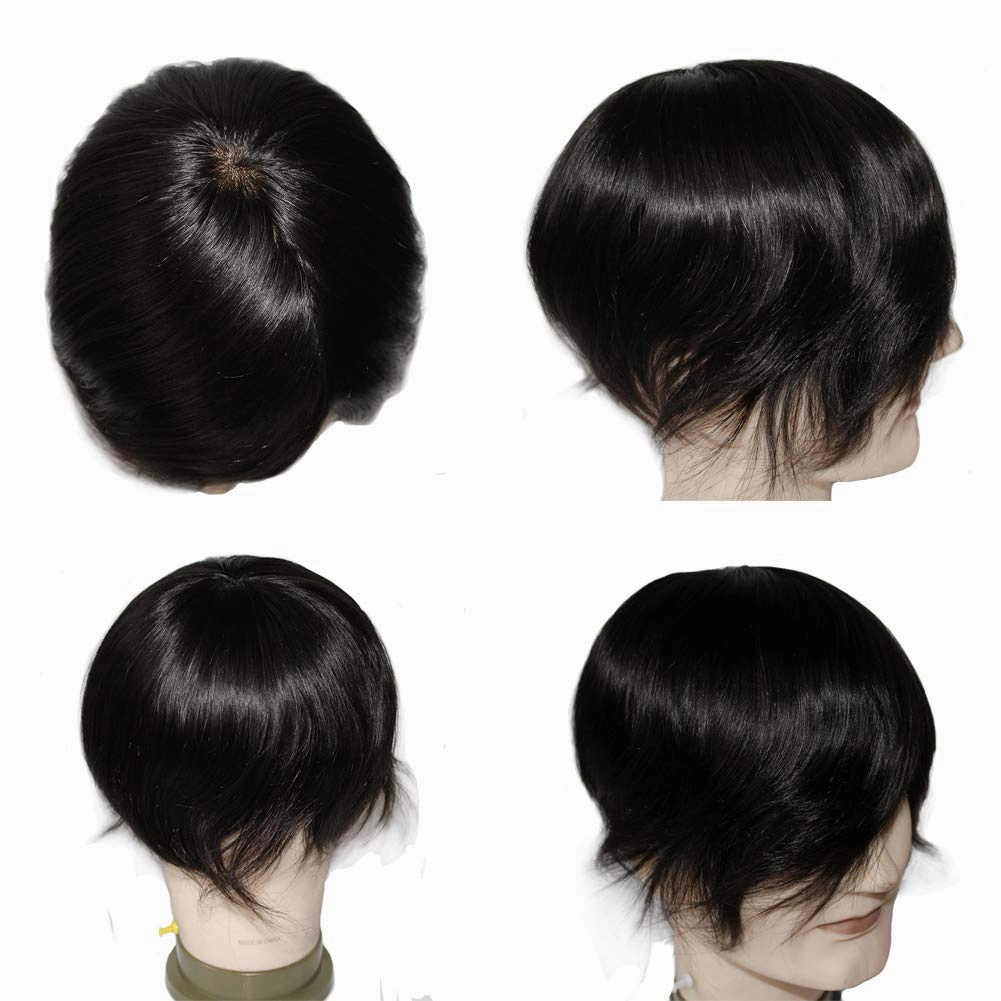 Toupee for Men Wigs Hair piece Male Hair Unit Bolding Man Replacement 100% Human Hair Mono Lace With Npu Around Lace Systems 6x8 Inch 6 Inch Length Color 1B Off Black