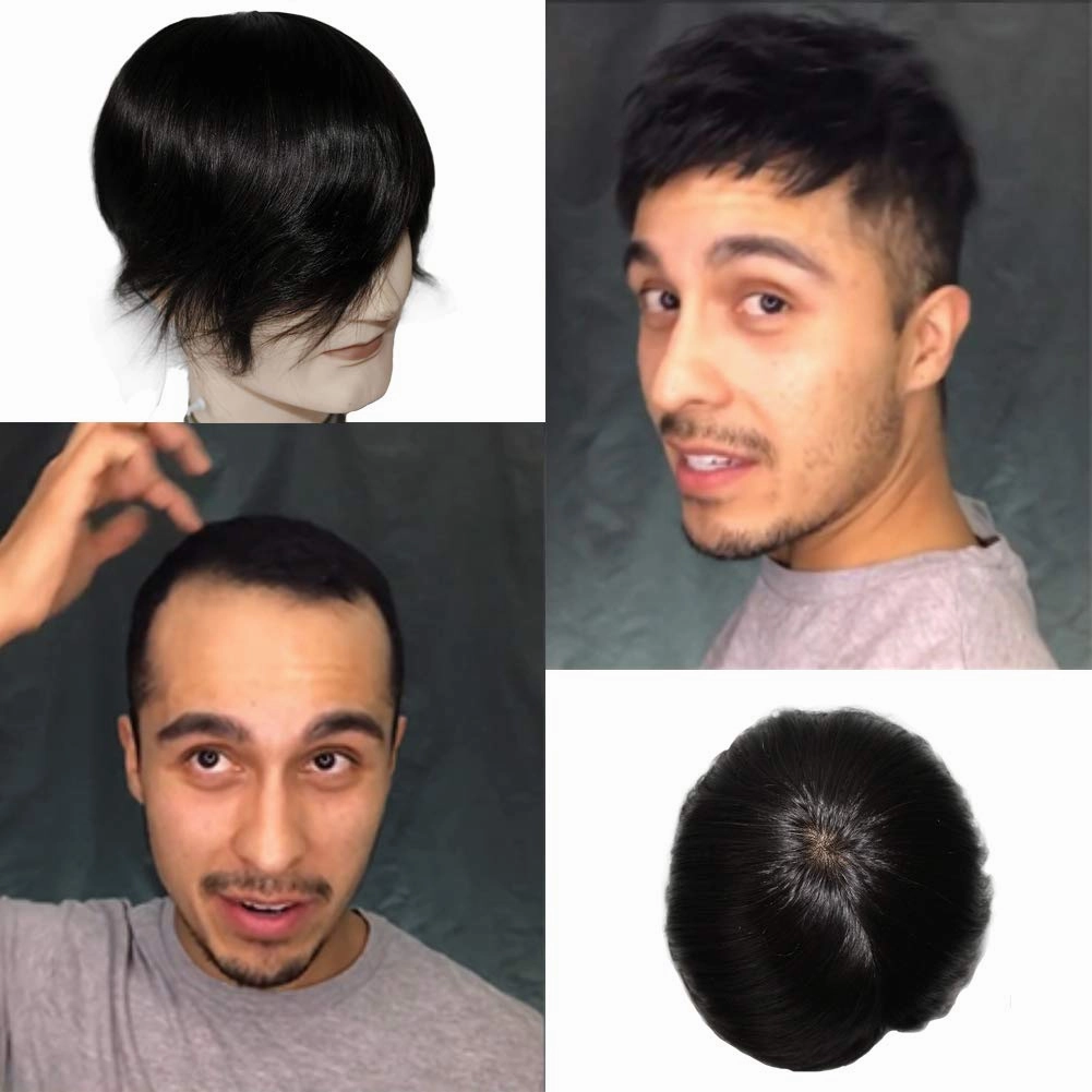 Toupee for Men Wigs Hair piece Male Hair Unit Bolding Man Replacement 100% Human Hair Mono Lace With Npu Around Lace Systems 6x8 Inch 6 Inch Length Color 1B Off Black