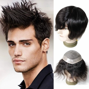 Toupee for Men Wigs Hair piece Male Hair Unit Bolding Man Replacement 100% Human Hair Mono Lace With Npu Around Lace Systems 6x8 Inch 6 Inch Length Color 1B Off Black