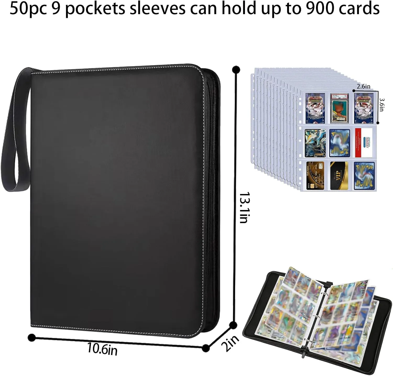 Trading Card Binder 9 Pocket with 50 Sleeves, 900 Pockets Trading Card Holder Book Compatible with TCG Sports Star MTG Cards Black