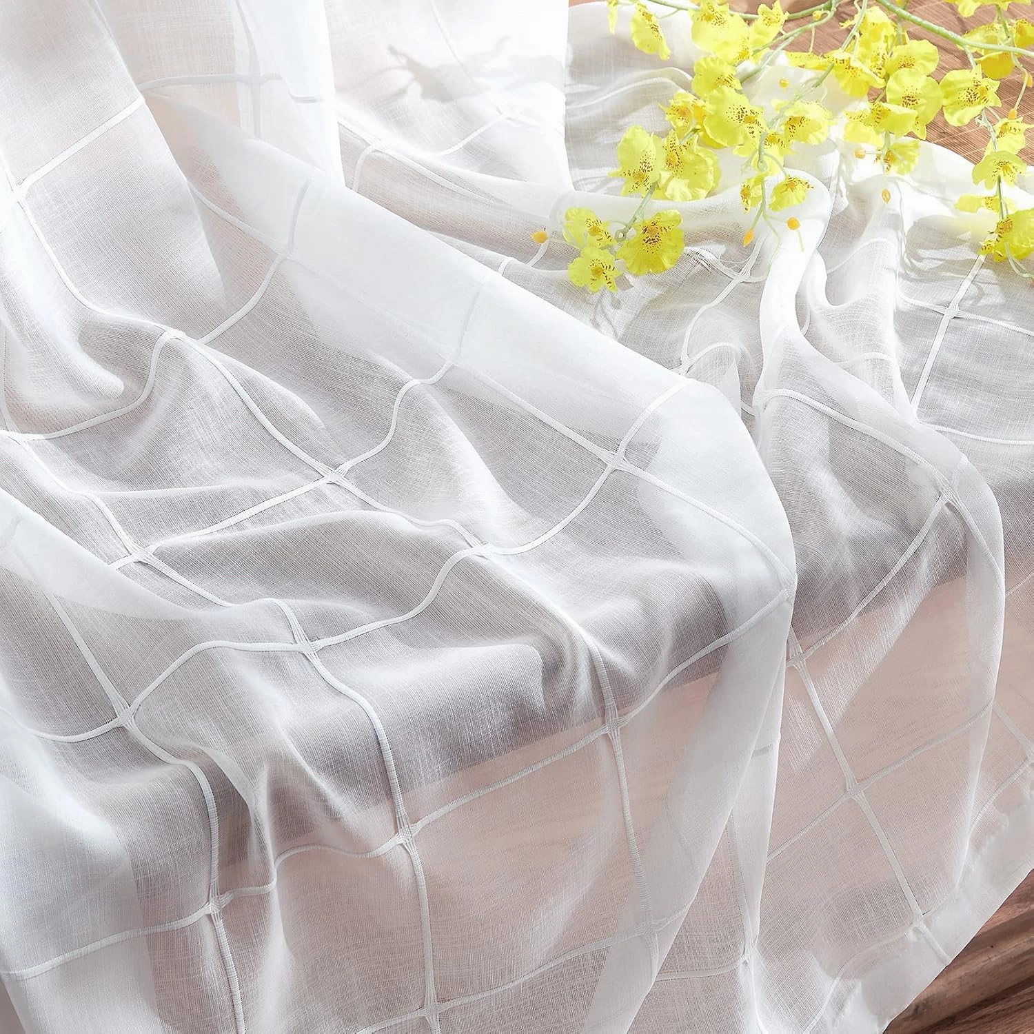 Treatmentex White Sheer Curtains for Living Room 84inch Long Check Curtains Panels for Bedroom Light Filtering Embroidered Geometirc Plaid Window Drape Grommet Top 2Panels