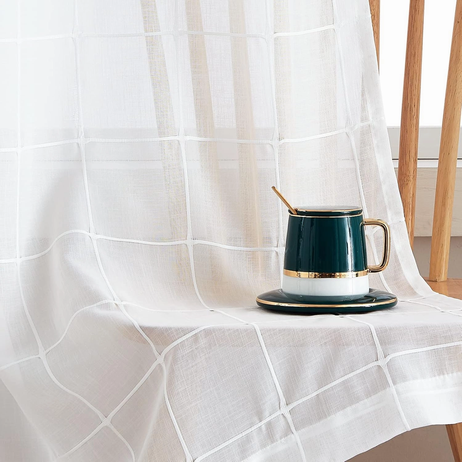Treatmentex White Sheer Curtains for Living Room 84inch Long Check Curtains Panels for Bedroom Light Filtering Embroidered Geometirc Plaid Window Drape Grommet Top 2Panels