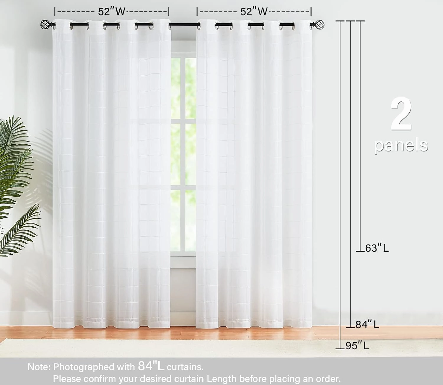 Treatmentex White Sheer Curtains for Living Room 84inch Long Check Curtains Panels for Bedroom Light Filtering Embroidered Geometirc Plaid Window Drape Grommet Top 2Panels