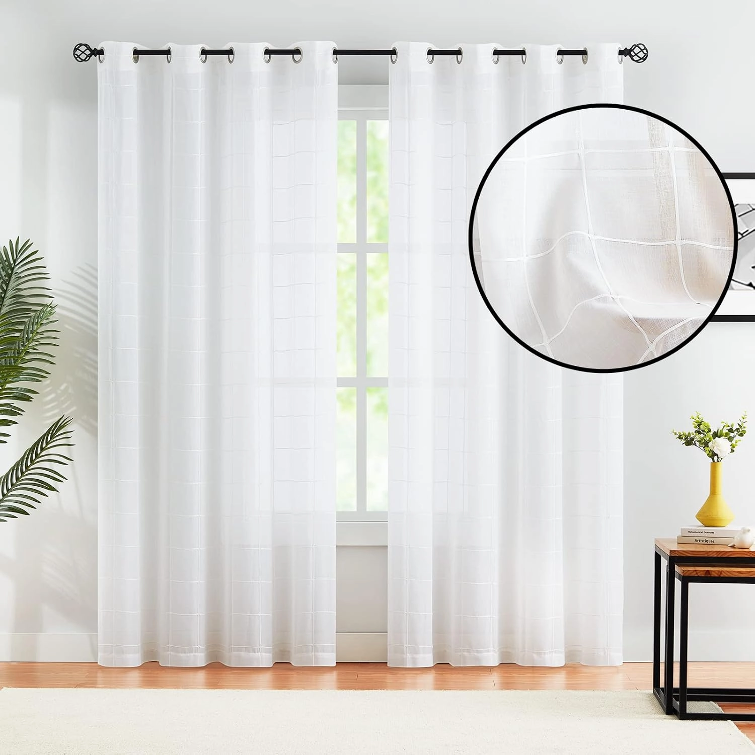 Treatmentex White Sheer Curtains for Living Room 84inch Long Check Curtains Panels for Bedroom Light Filtering Embroidered Geometirc Plaid Window Drape Grommet Top 2Panels
