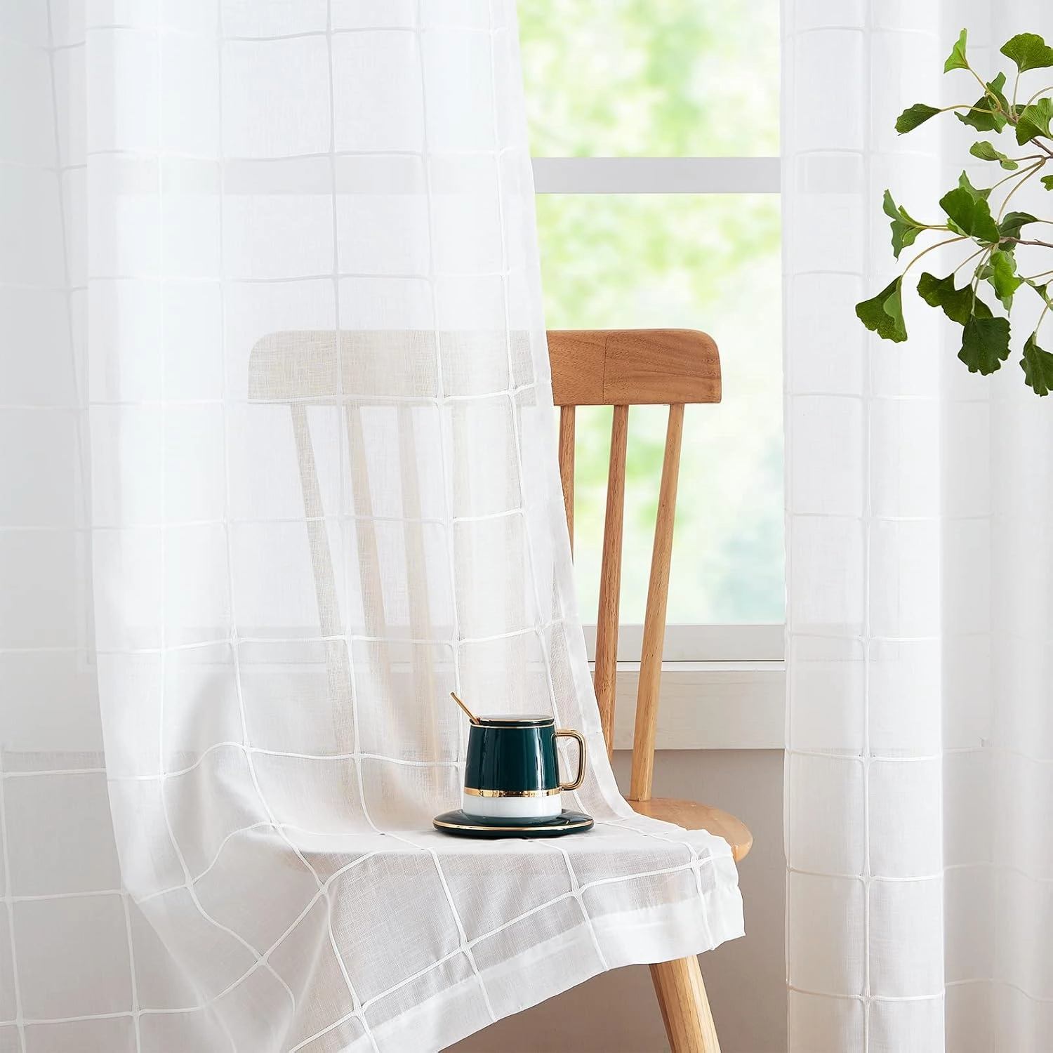 Treatmentex White Sheer Curtains for Living Room 84inch Long Check Curtains Panels for Bedroom Light Filtering Embroidered Geometirc Plaid Window Drape Grommet Top 2Panels