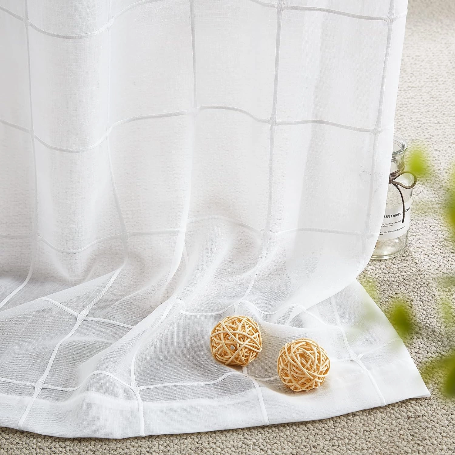 Treatmentex White Sheer Curtains for Living Room 84inch Long Check Curtains Panels for Bedroom Light Filtering Embroidered Geometirc Plaid Window Drape Grommet Top 2Panels