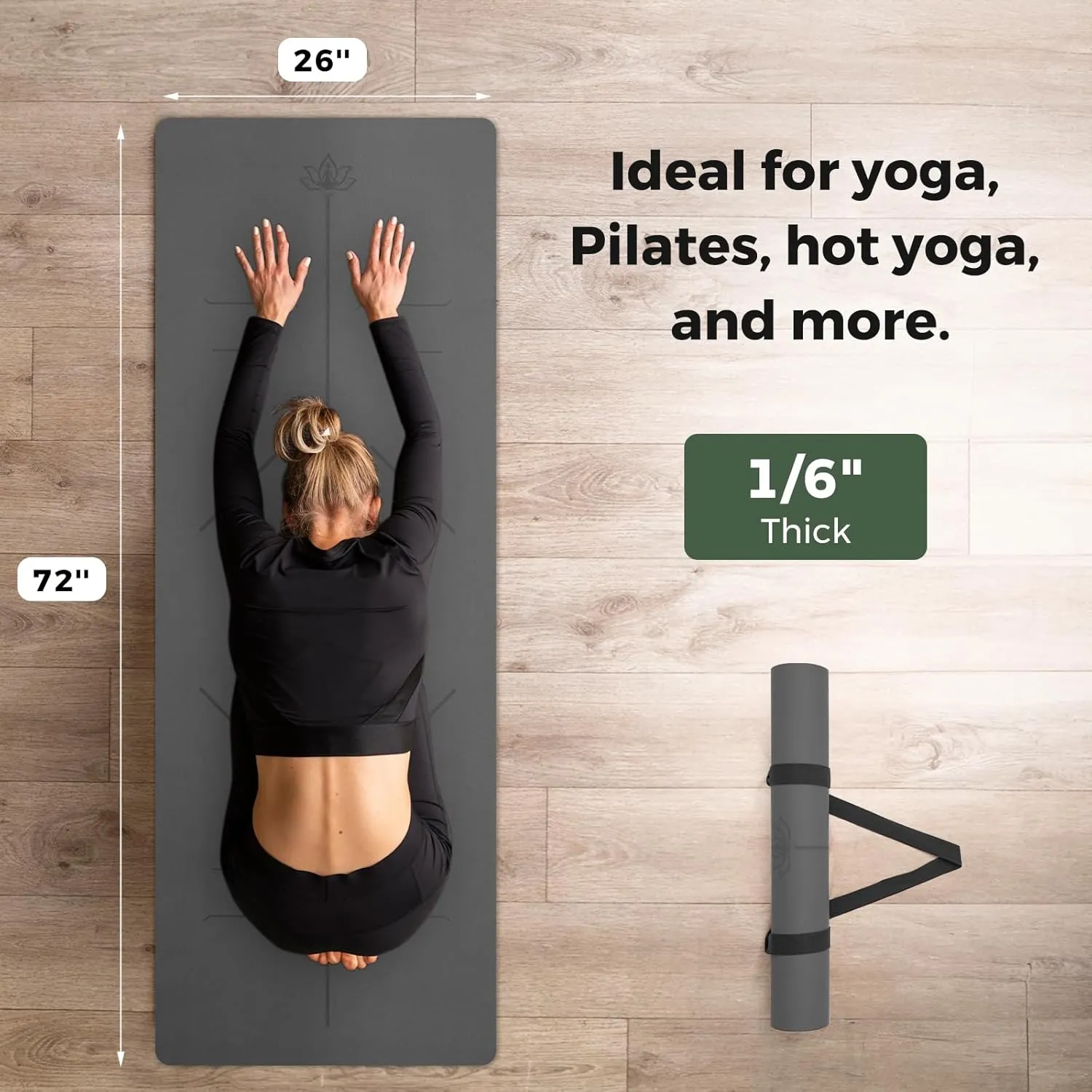 U&M Yoga Mat Non-Slip, Exercise Mat with Carrying Strap for Home Yoga,Pilates & Meditation Stretching, Floor & Fitness Workouts, 72"x26" x1/6" Thick Fitness Mats Non-Slip Natural Rubber Base & PU Top