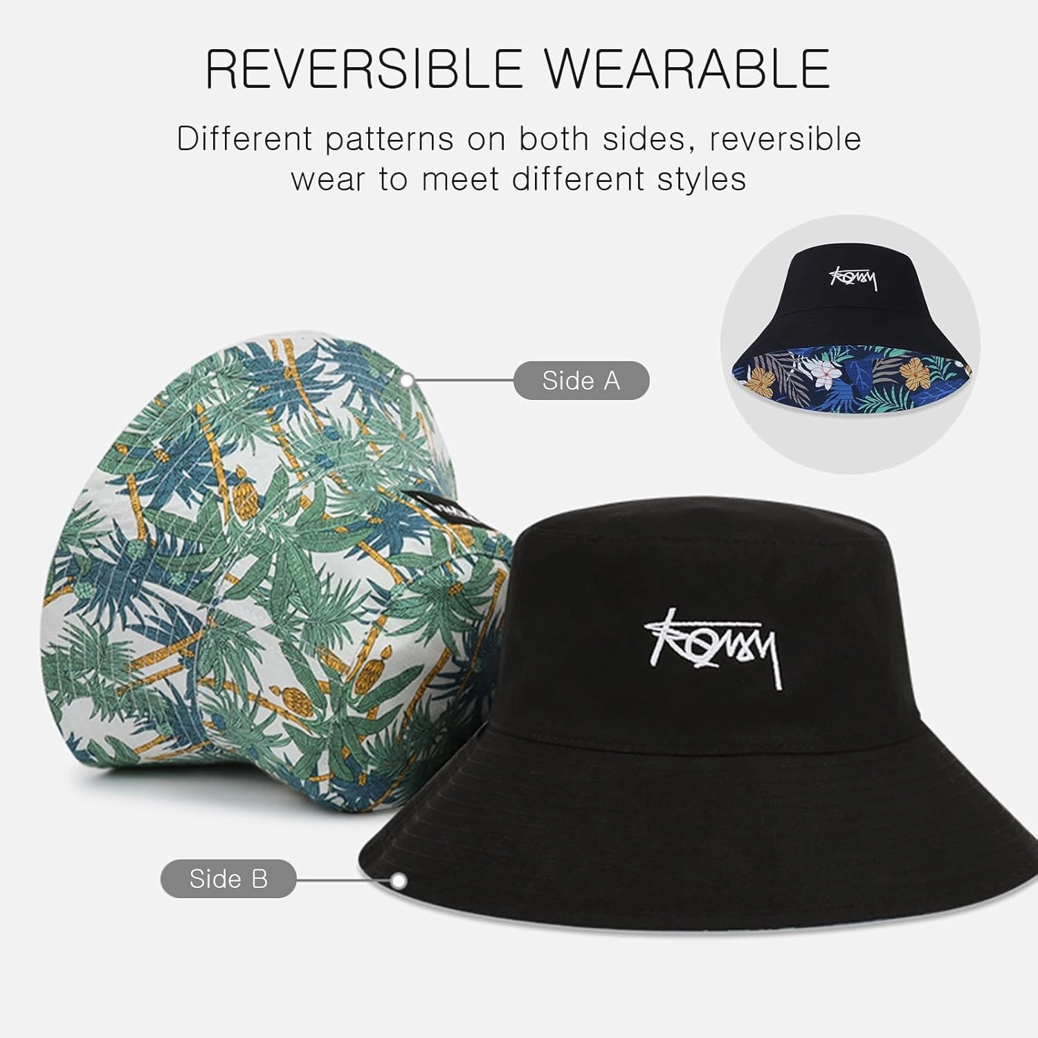 Unisex Reversible Bucket Hat Double-Sided Print Cotton Fisherman Hat with Detachable String Foldable Summer Sun Hat