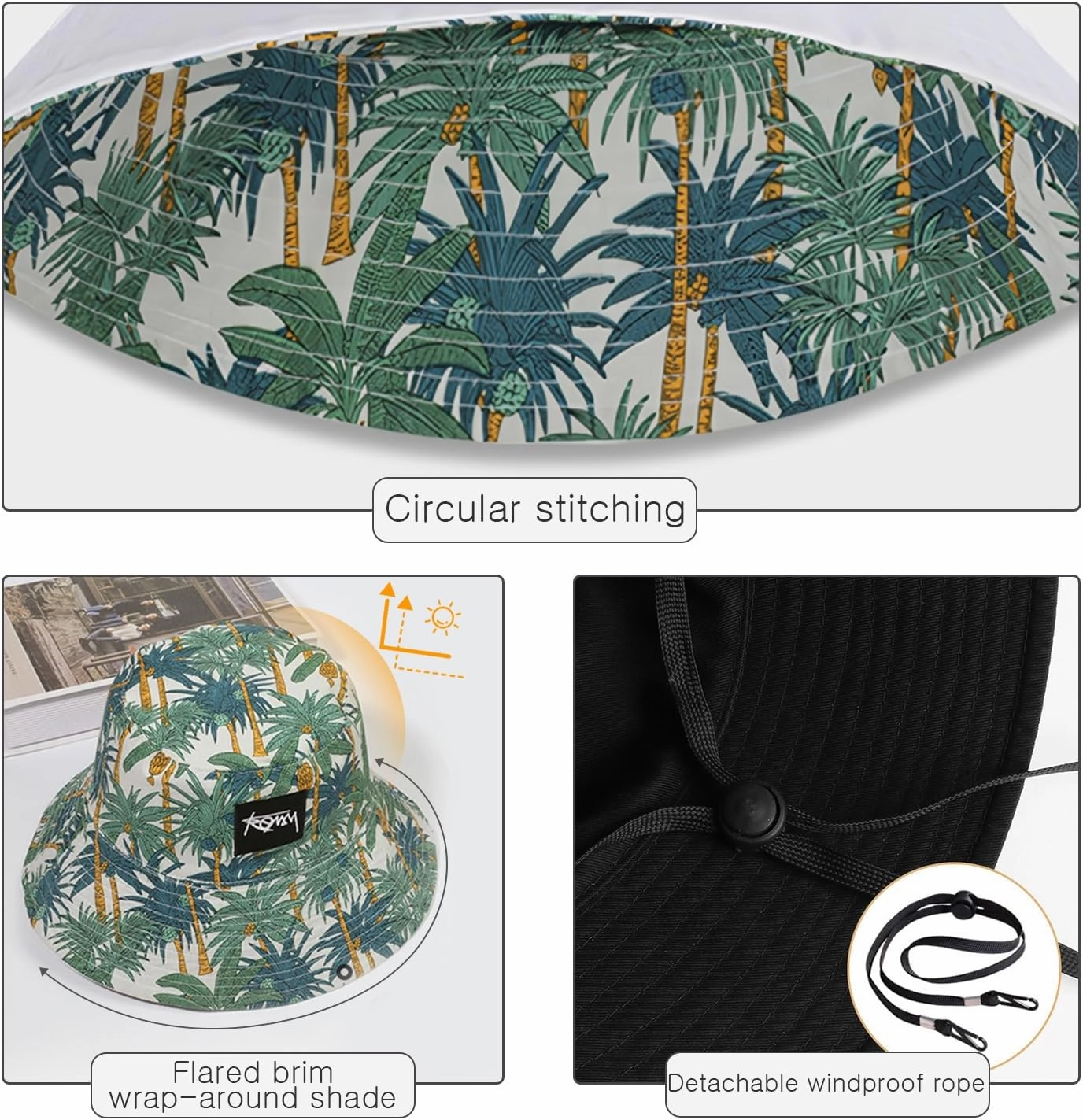Unisex Reversible Bucket Hat Double-Sided Print Cotton Fisherman Hat with Detachable String Foldable Summer Sun Hat