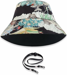 Unisex Reversible Bucket Hat Double-Sided Print Cotton Fisherman Hat with Detachable String Foldable Summer Sun Hat