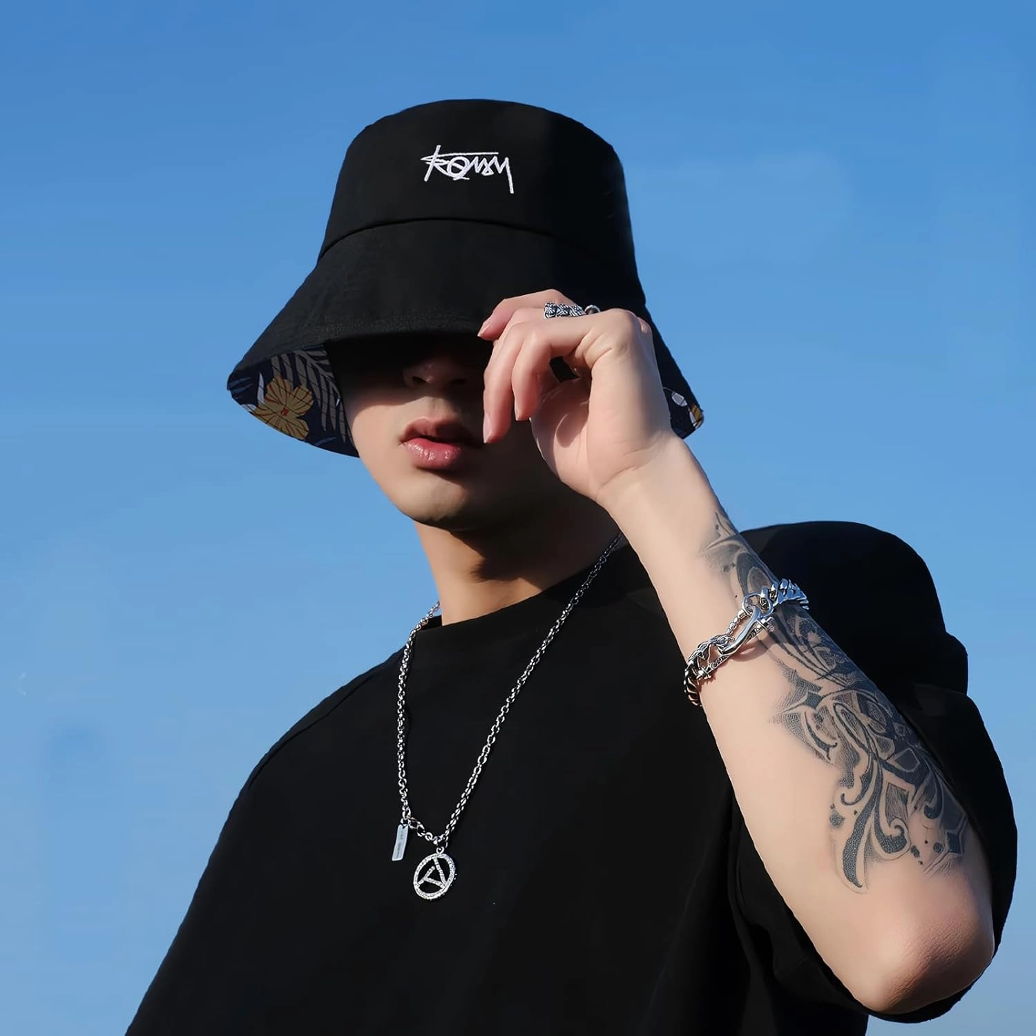 Unisex Reversible Bucket Hat Double-Sided Print Cotton Fisherman Hat with Detachable String Foldable Summer Sun Hat