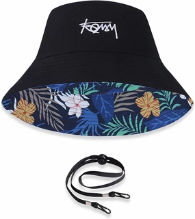 Unisex Reversible Bucket Hat Double-Sided Print Cotton Fisherman Hat with Detachable String Foldable Summer Sun Hat