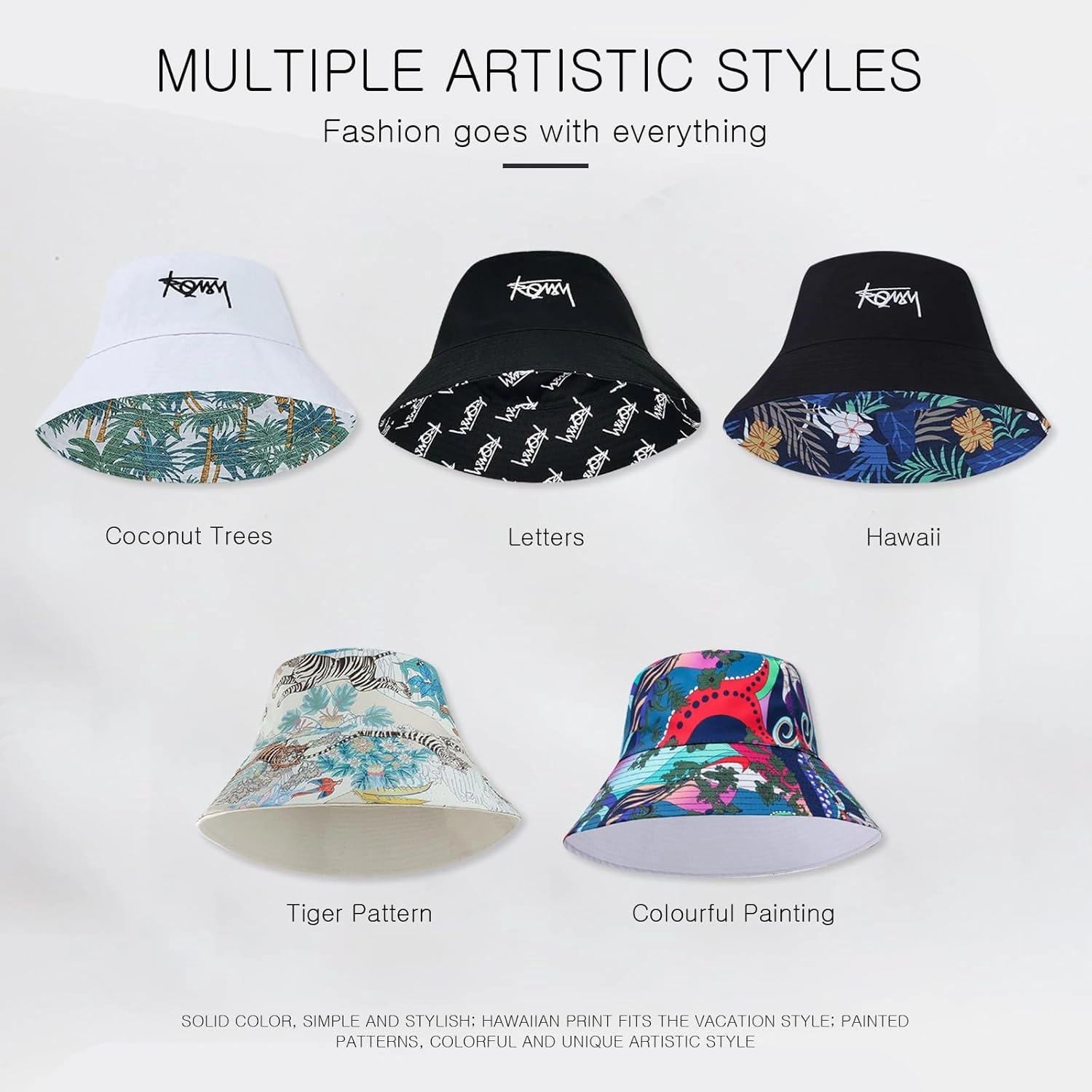 Unisex Reversible Bucket Hat Double-Sided Print Cotton Fisherman Hat with Detachable String Foldable Summer Sun Hat